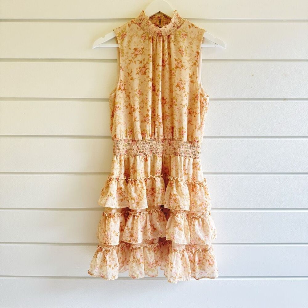 1. STATE Women's Floral Smocked Sleeveless Mock Neck Tiered Mini Dress Small